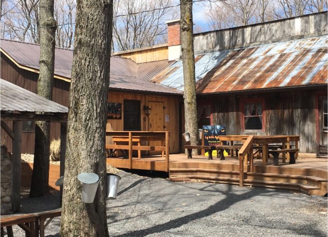 Une cabane de la Sucrerie de la Montagne dans les bois avec tables et chaises.