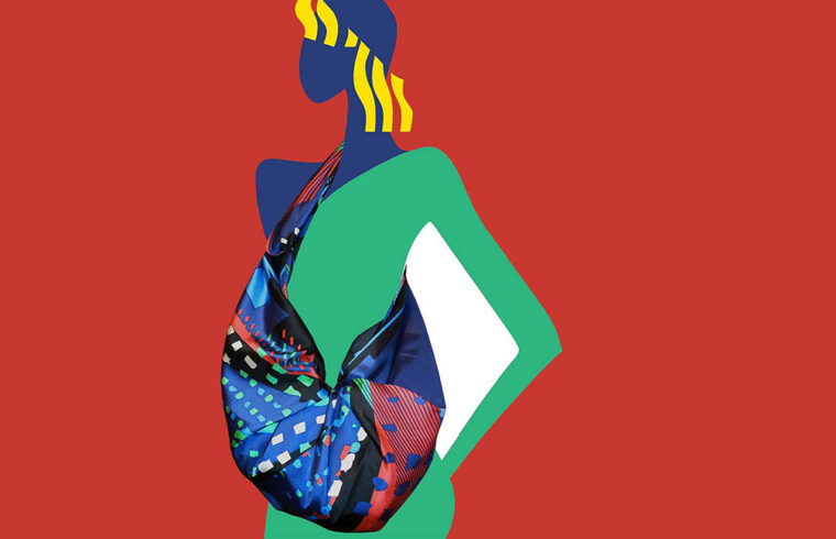 Illustration d'une femme tenant un sac carré de soie.