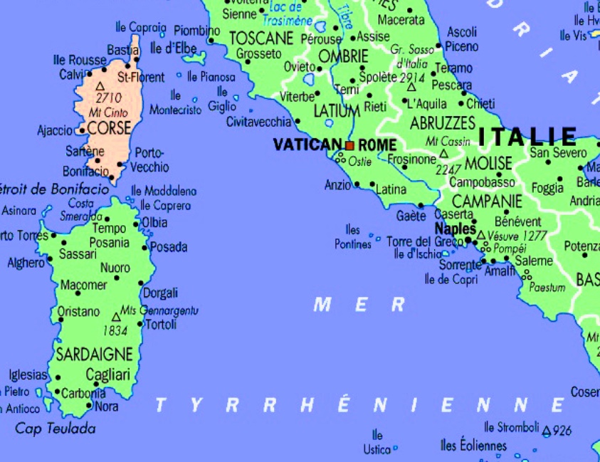 Une carte de l'Italie montrant les villes et villages, dont La Sardaigne.
