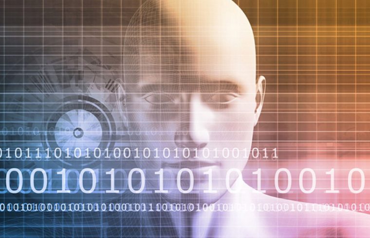 Une image d'un homme avec un code binaire sur sa tête, mettant l'accent sur le modèle Montréal de l'intelligence artificielle.