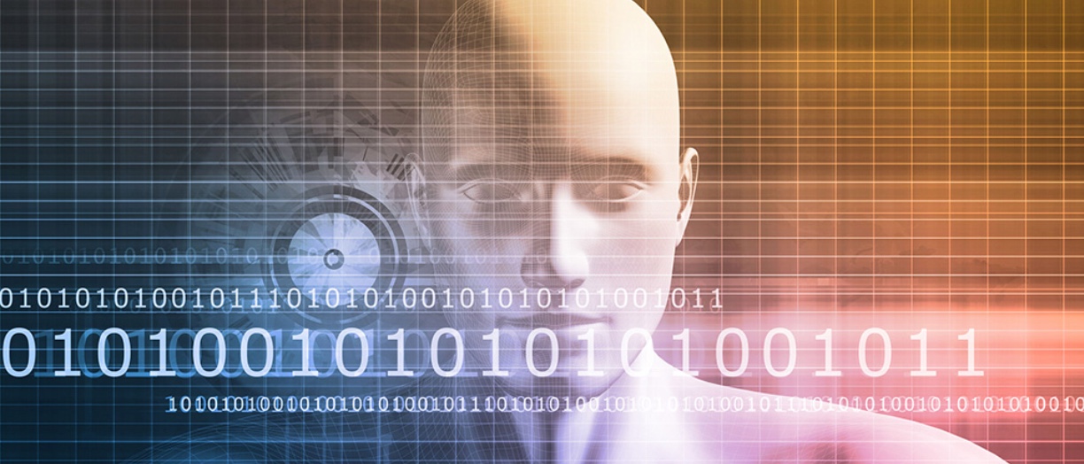 Une image d'un homme avec un code binaire sur sa tête, mettant l'accent sur le modèle Montréal de l'intelligence artificielle.