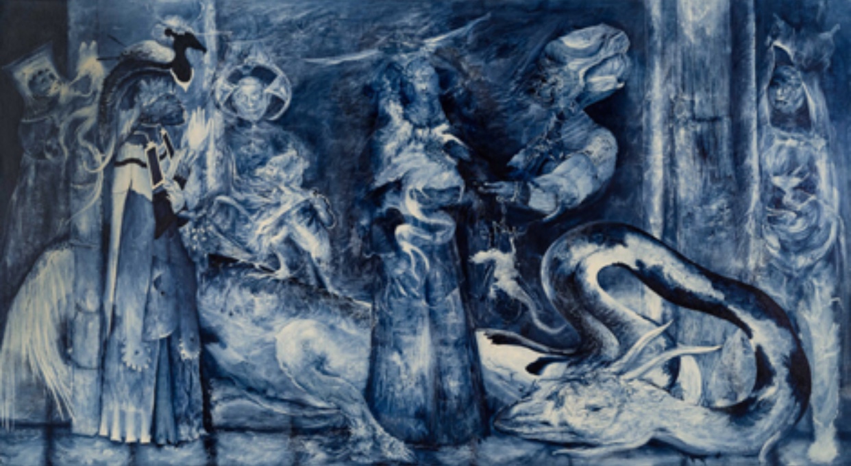 Une œuvre d'art de Jaber Lufti représentant un groupe de personnes ornées de bleu et de blanc, mettant en valeur le mélange homogène des frontières au sein de la peinture.