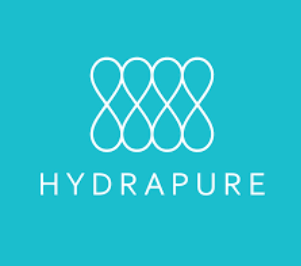 Le logo HydraPure sur fond turquoise met en valeur l'excellence en soins esthétiques.