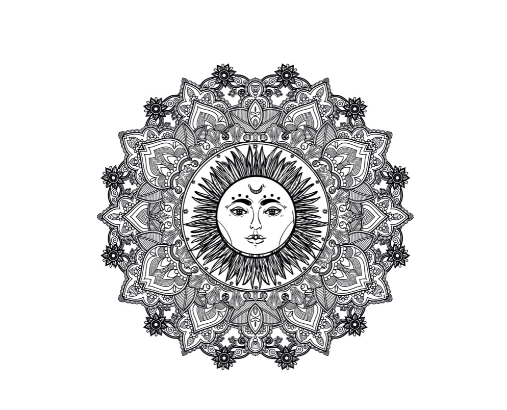 Un mandala avec un soleil au centre, symbolisant la spiritualité créatrice.