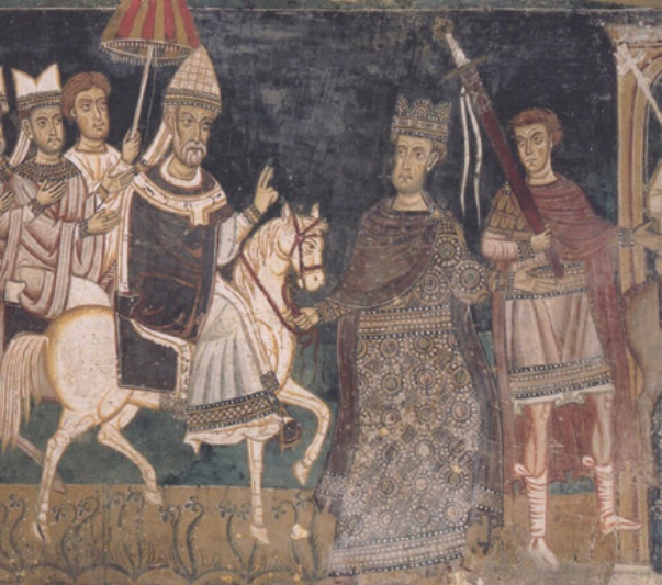 Une peinture spirituelle représentant un groupe d'hommes à cheval.