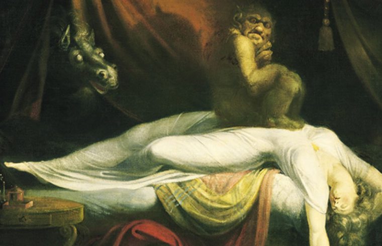 Une œuvre captivante illustrant le lien intime entre La spiritualité créatrice et une femme posée sur un lit, accompagnée de la présence obsédante d'un démon.