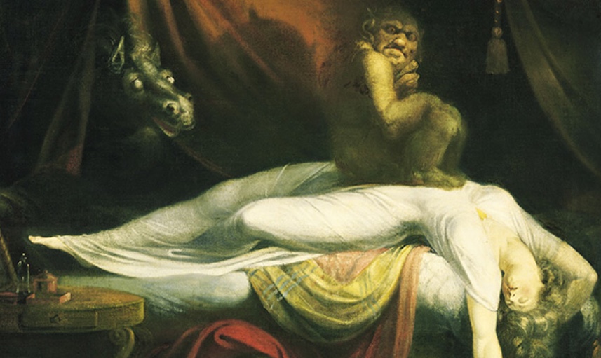 Une œuvre captivante illustrant le lien intime entre La spiritualité créatrice et une femme posée sur un lit, accompagnée de la présence obsédante d'un démon.