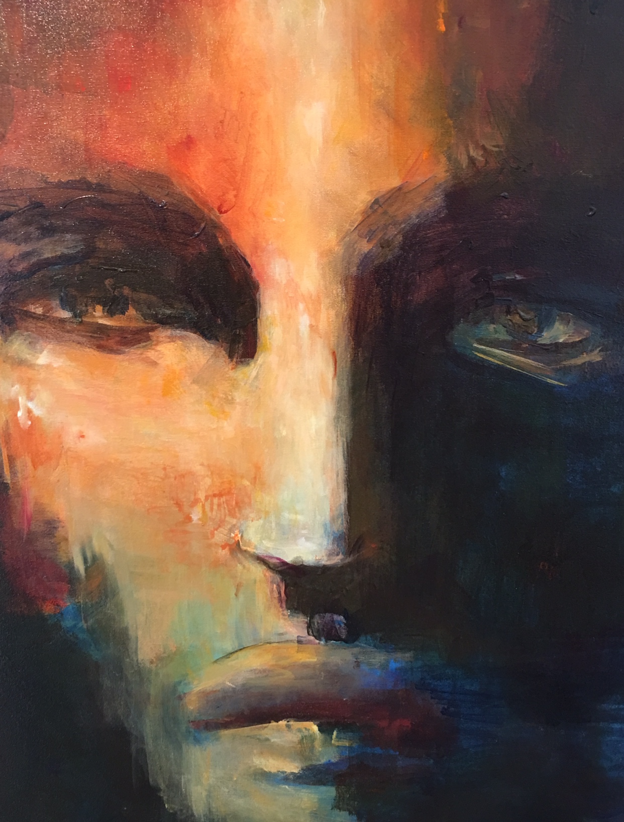 Une peinture à l'huile captivante représentant un visage d'homme par Micheline Bourque.