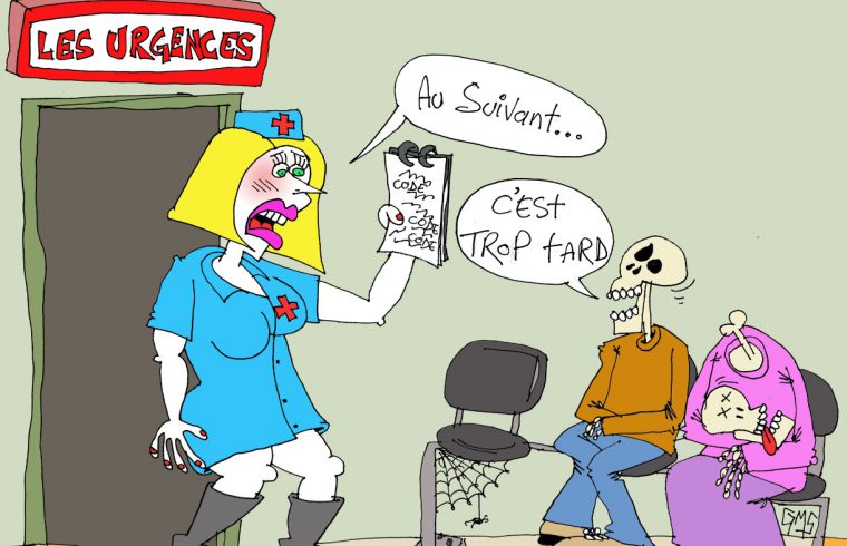 Un dessin animé d'une infirmière parlant à un squelette aux urgences.