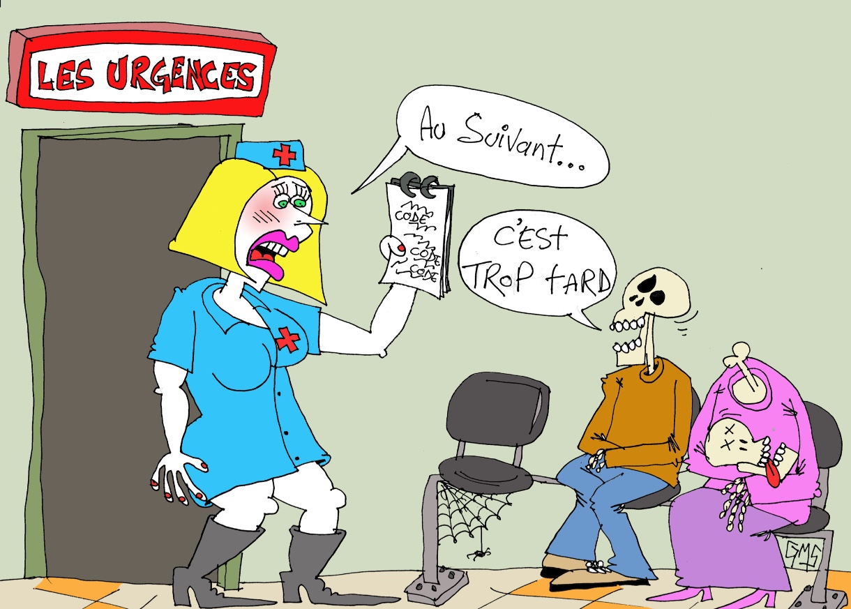 Un dessin animé d'une infirmière parlant à un squelette aux urgences.