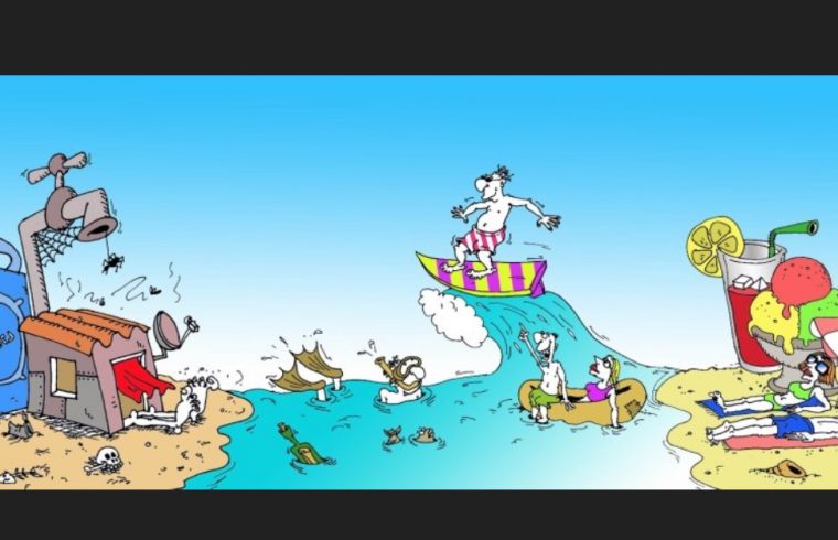Un dessin animé fantaisiste d'une scène de plage mettant en vedette des gens et des animaux animés.