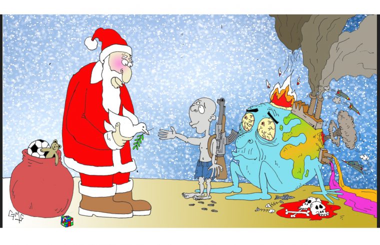 Un dessin animé sur le thème de Noël mettant en scène le Père Noël et la Terre.