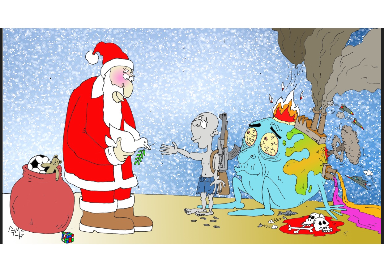 Un dessin animé sur le thème de Noël mettant en scène le Père Noël et la Terre.