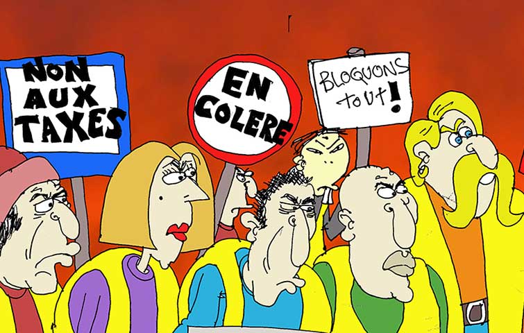 Caricature d'un groupe de personnes brandissant des pancartes des Gilets jaunes à Paris, exprimant leur colère.