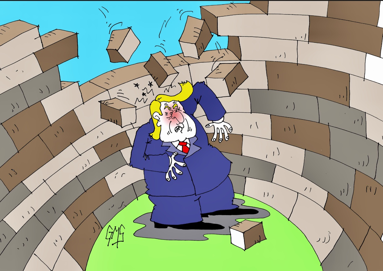 Un dessin animé d'un homme qui brise un mur en briques.
