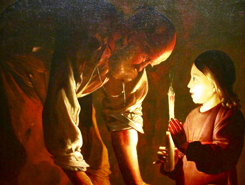 La spiritualité créatrice prend vie dans ce tableau captivant représentant un vieil homme et une petite fille tenant une bougie.
