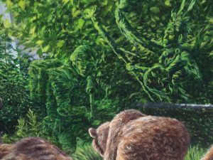 Une peinture de Kent Monkman représentant un groupe d'ours dans les bois.