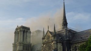 Notre-Dame de Paris avec de la fumée qui en sort.