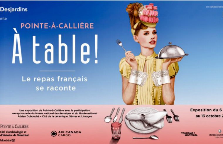 Une affiche racontant l'histoire de la table française avec une femme tenant une assiette.