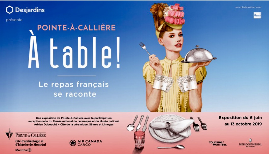 Une affiche racontant l'histoire de la table française avec une femme tenant une assiette.