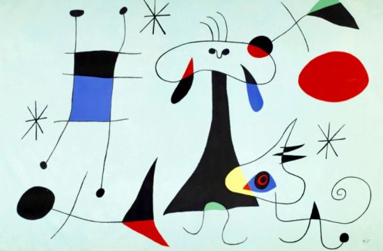 Une peinture inspirée de Miró représentant un chien avec un fond bleu vif.