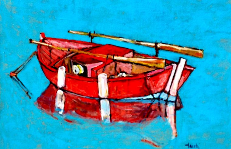 Une peinture d'un bateau rouge sur fond bleu dans les Laurentides.