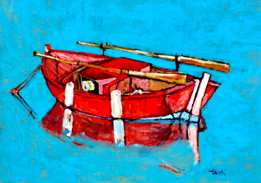 Une peinture d'un bateau rouge sur fond bleu dans les Laurentides.