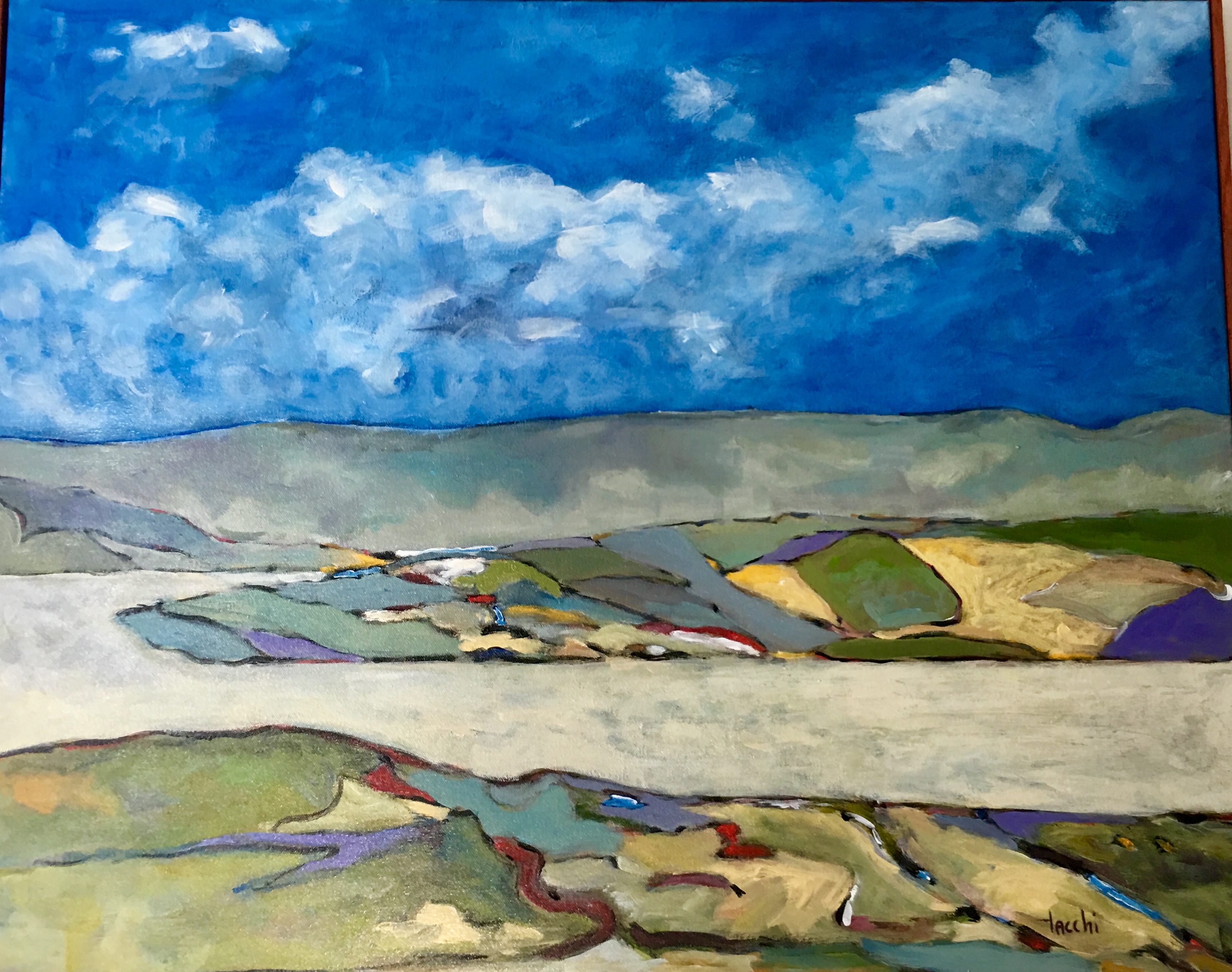 Une peinture de paysage de Morin-Heights présentant un ciel bleu serein et des nuages duveteux.