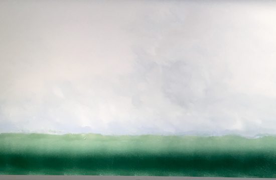 Une exposition mettant en vedette la peinture de Jacques Lamotte sur un fond vert et blanc vibrant.