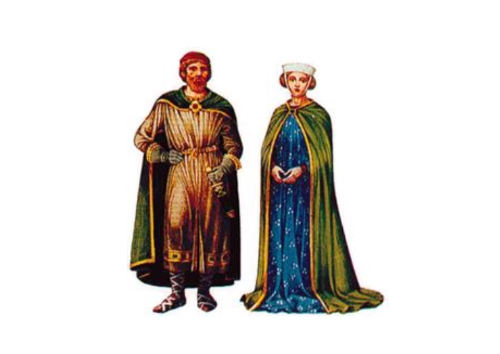 Description : À l'ombre d'un château, un homme et une femme vêtus de vêtements médiévaux se livrent à un conte.