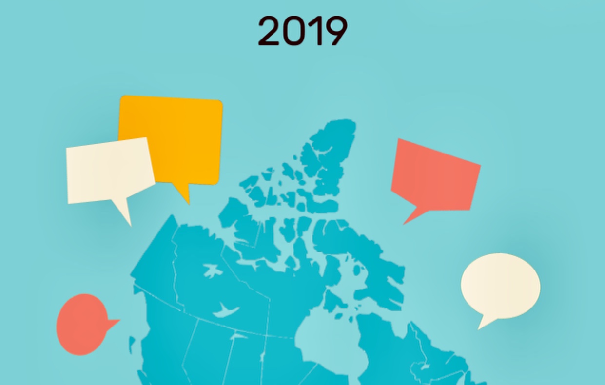 Une carte du Canada avec des bulles discutant des élections et de la fiscalité.