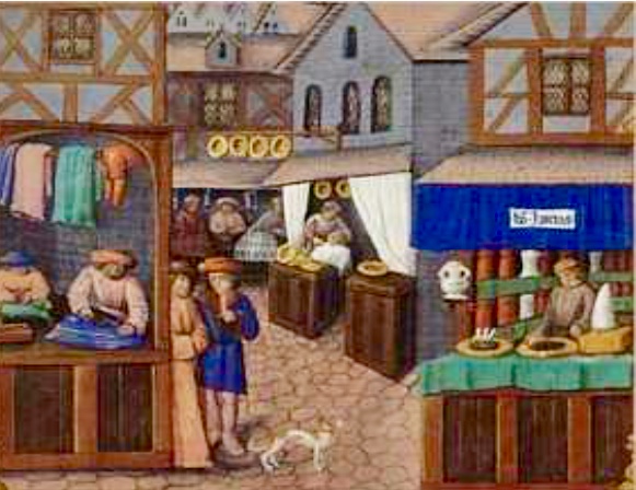 Une esquisse d'une scène de marché médiévale.