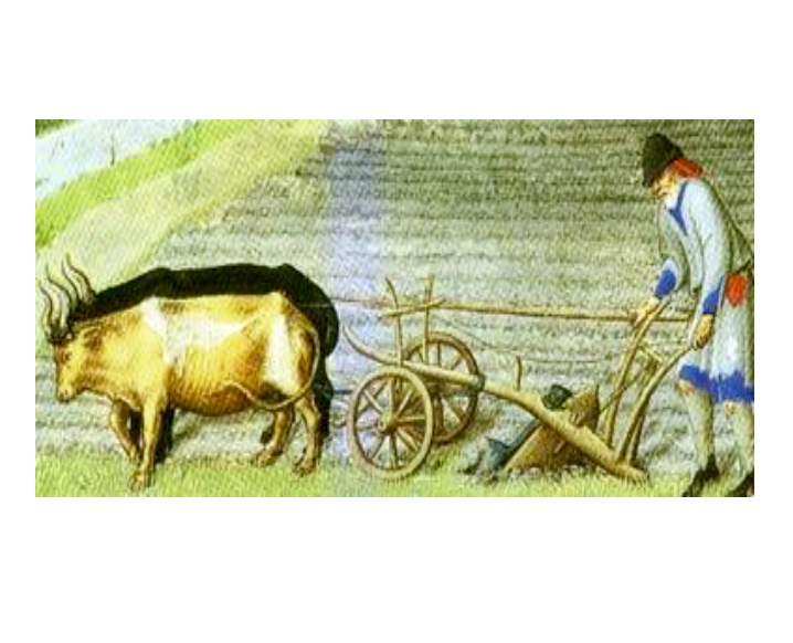 Illustration d'un homme tirant une charrue avec deux bœufs à l'ombre.