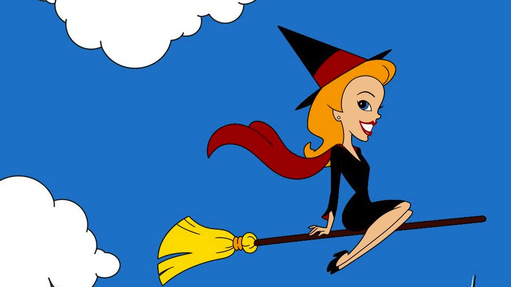 Une sorcière de Salem volant sur un balai.