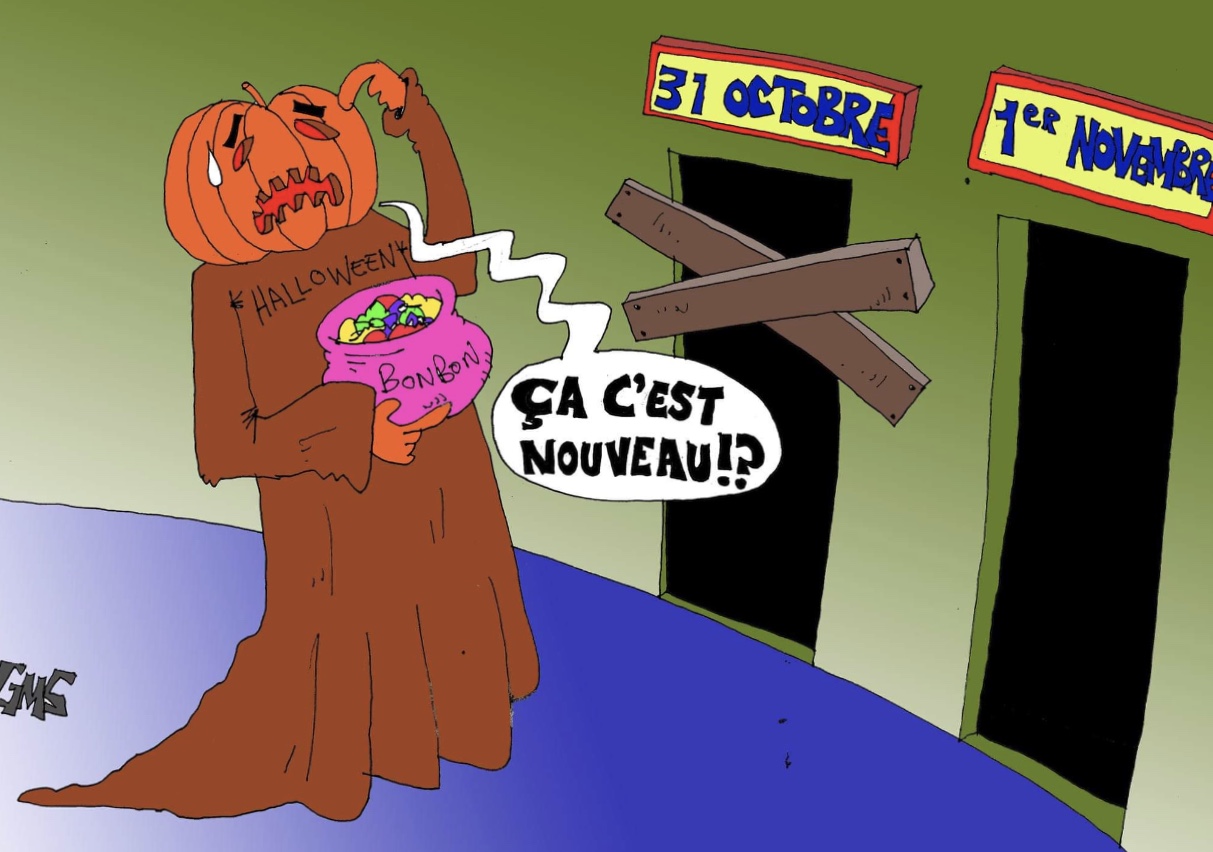 Un dessin animé d'Halloween mettant en scène un homme en costume de citrouille.