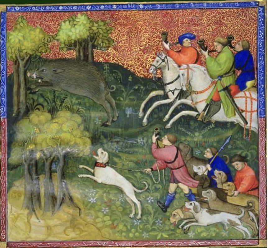 Manuscrit médiéval représentant une scène de chasse avec des hommes et des animaux, mettant en vedette un conte.