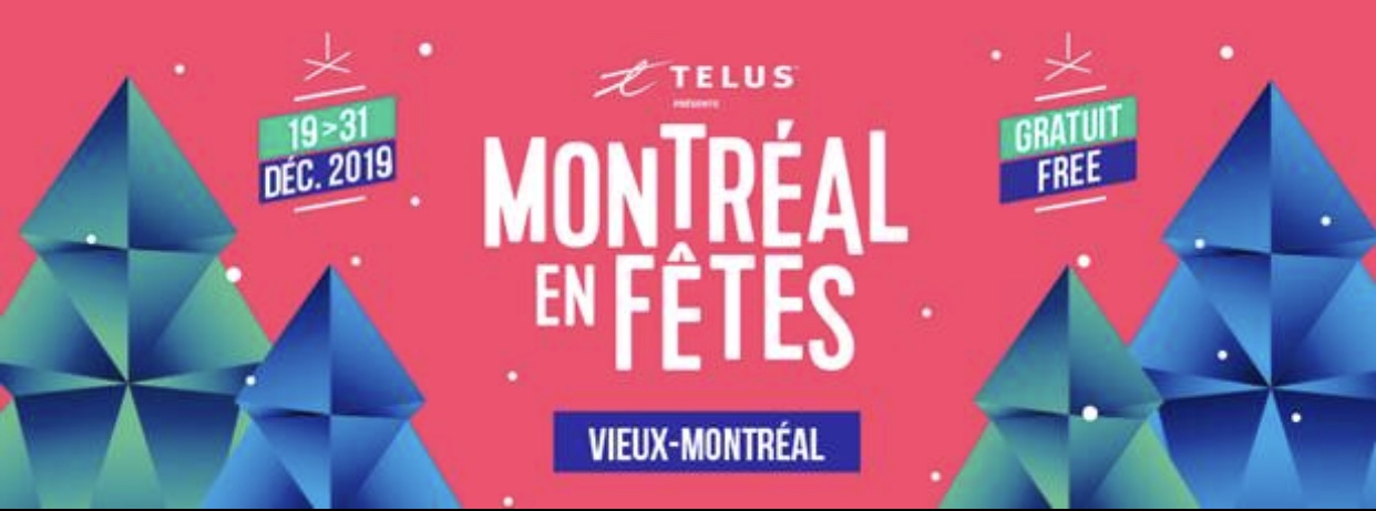 Une bannière rose célébrant Montréal en fêtes et capturant l'esprit de l'événement.