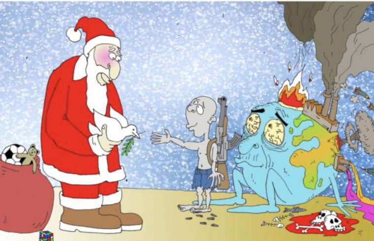 Une caricature du Père Noël offrant des cadeaux à un enfant.