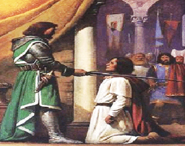 Une peinture de conte représentant un homme agenouillé devant un homme avec une épée.