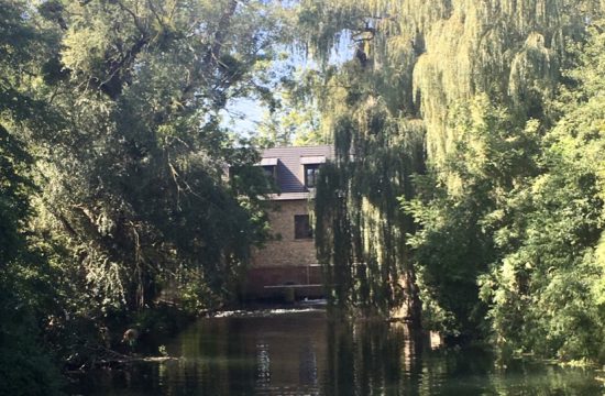 Le Moulin de la Wantzenau, un endroit pittoresque niché au bord d'une rivière, joliment orné d'arbres luxuriants et d'arbustes abondants.