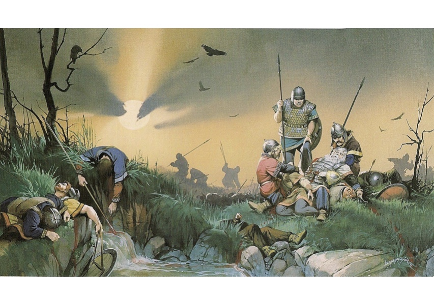 Une peinture de conte représentant un groupe de personnes debout dans une rivière.