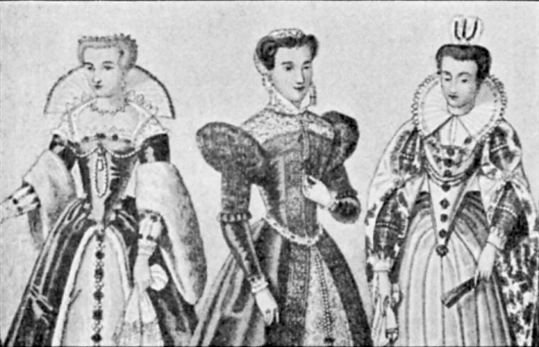 Trois femmes vêtues de costumes de la Renaissance, incarnant l'élégance et la grandeur de l'époque Conte.