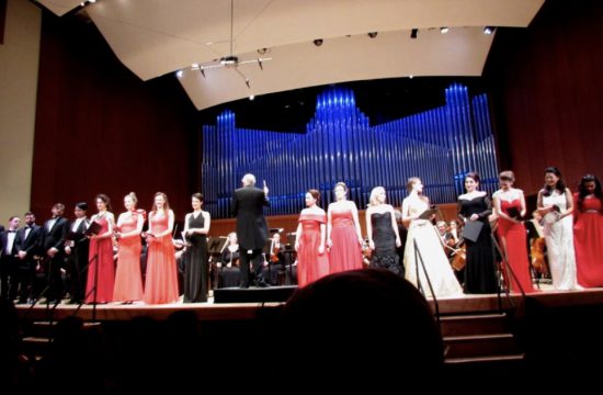 Un groupe de personnes debout sur une scène de l'Opéra.
