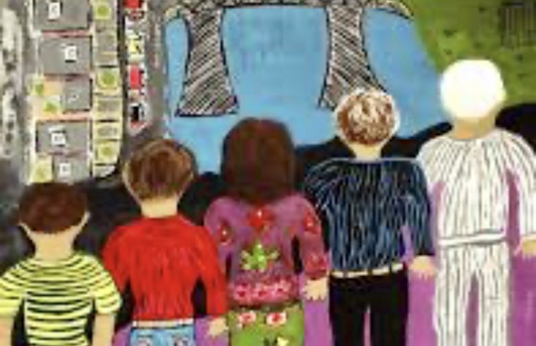 Un tableau capturant l’histoire d’un groupe d’enfants debout devant un bâtiment, inspirant un sentiment de guérison.