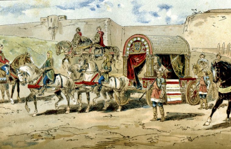 Une peinture de Conte représentant des hommes montant à cheval devant un château.
