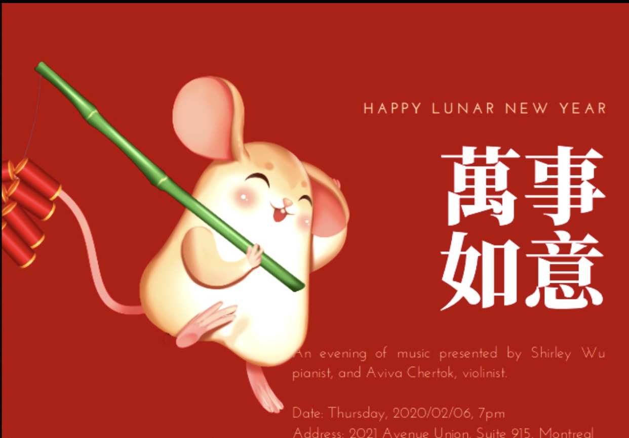 Une carte du nouvel an chinois avec un rat tenant un bâton de bambou, inspirée de Musique classique.