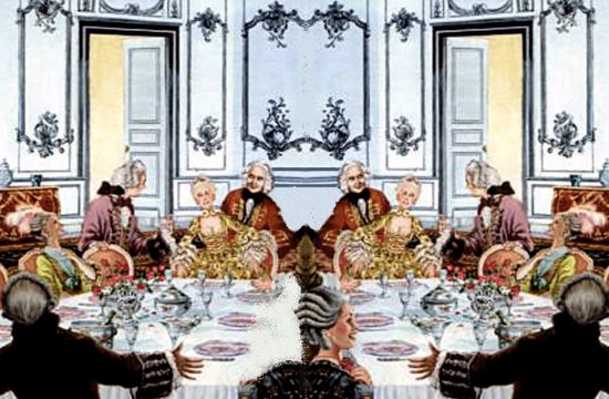 Une peinture représentant un groupe de personnes assises autour d’une table.