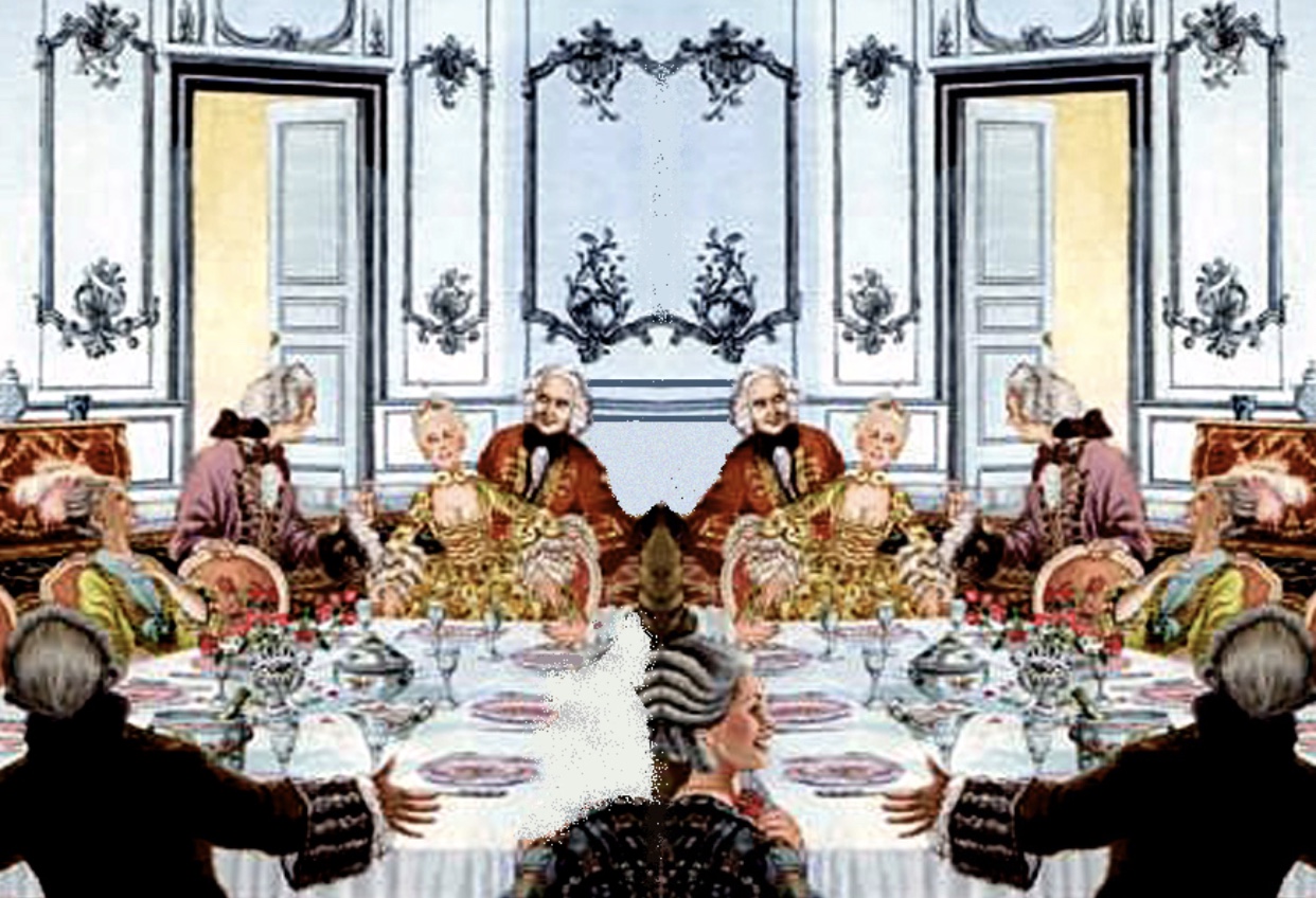 Une peinture représentant un groupe de personnes assises autour d’une table.
