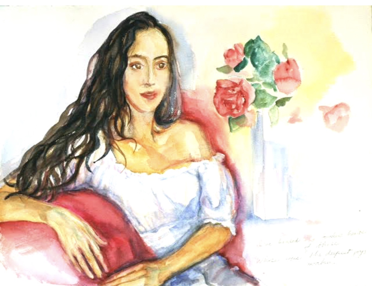 L'art du portrait d'une femme assise sur un canapé rouge représenté à l'aquarelle.