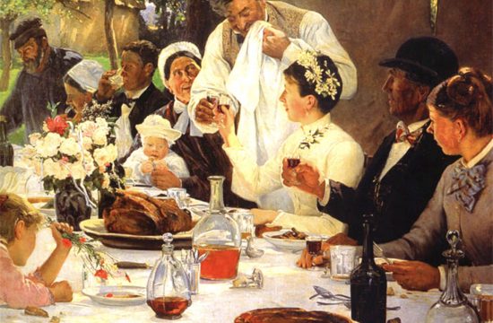 Une peinture d'inspiration gastronomique représentant une famille profitant d'un dîner de Thanksgiving.